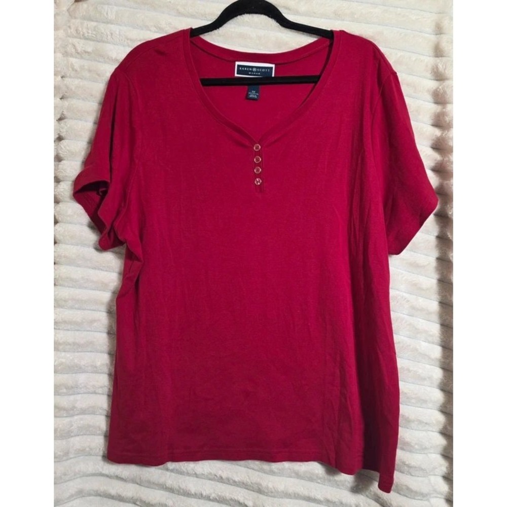 Karen Scott Woman Red Cotton Short Sleeve Top V-Neck 3X